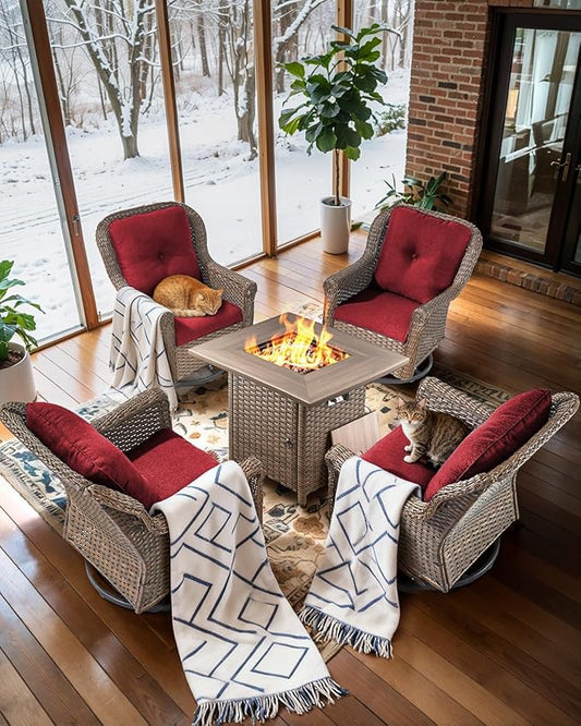 Patio Chairs Outdoor Swivel Glider - Set of 4 High Back Outside Brown Wicker Rattan Rocking Chair with Thick Cushion for Porch Apartment Deck Yard Poolside Garden - Red