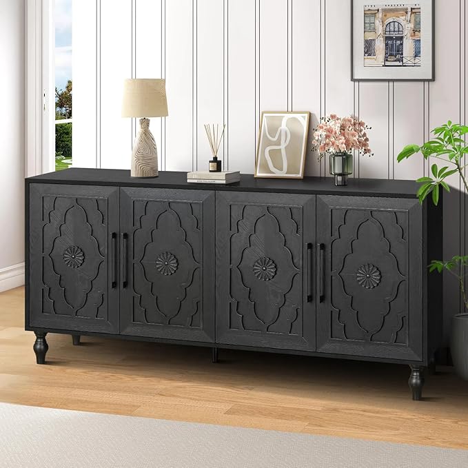 Sideboard Buffet Credenzas for Living Room, 63" Antique Black Entryway Table with Storage Accent Cabinet, Carved Flowers Doors & Wire Holes