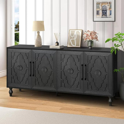 Sideboard Buffet Credenzas for Living Room, 63" Antique Black Entryway Table with Storage Accent Cabinet, Carved Flowers Doors & Wire Holes