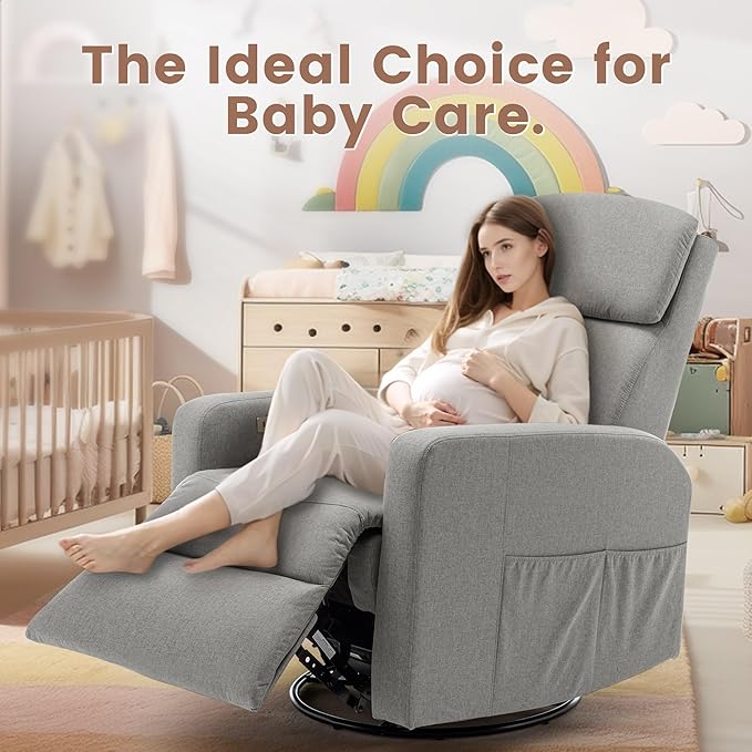 Power Swivel Recliner Chairs for Adults, Electric Glider Rocking Chair Nursery, Glider Recliner Nursery Chair with Classified Side Pocket, Nursery Rocking Chairs with USB and Type-C Ports