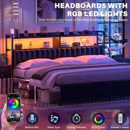 Aheaplus Headboard for King Size Bed Frame, Upholstered Headboards with Outlets, USB Ports and LED Light, Leather Head Board with Storage, Height Adjustable, Comfortable Headboard, King Size, Black