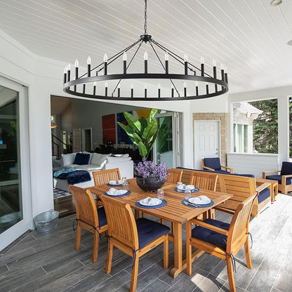 Large black wagon wheel chandelier 64 inch,30-Light Farmhouse wagon Wheel Chandeliers Round Industrial ceiling light fixtures for outdoor porch high ceilings Living Dining Room Foyer Entryway