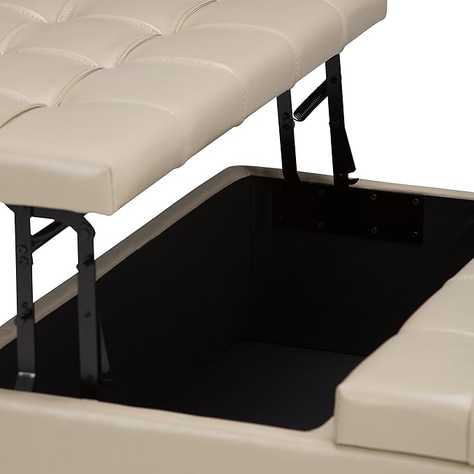 SIMPLIHOME Harrison Coffee Table Storage Ottoman - 36 inch Wide Upholstered Vegan Leather Square Lift-Top Ottoman in Satin Cream, Transitional Ottoman for Living Room with Hidden Storage