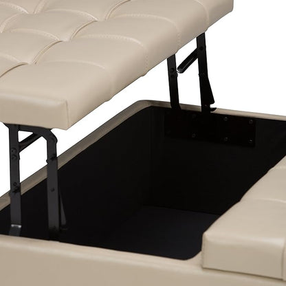 SIMPLIHOME Harrison Coffee Table Storage Ottoman - 36 inch Wide Upholstered Vegan Leather Square Lift-Top Ottoman in Satin Cream, Transitional Ottoman for Living Room with Hidden Storage