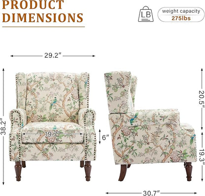 Wingback Accent Chairs Set of 2, High Back Upholstered Armchair, Printed Fabric Wingback Arms Chairs with Wood Legs, Single Sofa Reading Chair for Bedroom Living Room, Bird