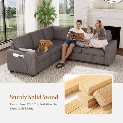 Vesgantti 88.4" Sleeper Sectional Couch with Pull Out Bed, 5 Seater L Shaped Modular Sectional Sofa with Storage, Comfy Corduroy Modular Sofa for Living Room, Bedroom, Apartment, Light Coffee