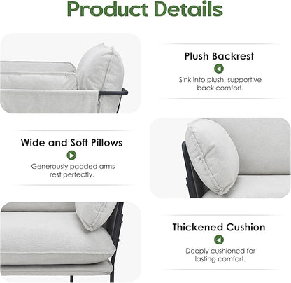 Modern Accent Chair for Living Room, Oversized Reading Chair with Solid Metal Legs, Upholstered Fabric Armchair with Side Pockets and 2 Pillows, Comfy Accent Chairs for Bedroom, Nursery, White