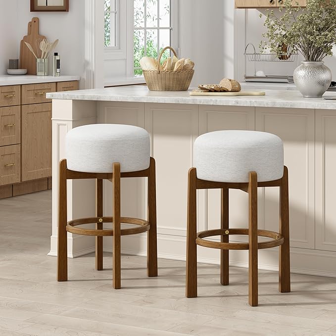 Christopher Knight Home Lera Modern Counter Height Bar Stools Set of 2, Fabric Round Stool Chair for Kitchen Island, Wooden Dining Room Chair, Upholstered Counter Stool with Footrest,Dark Walnut+Ivory