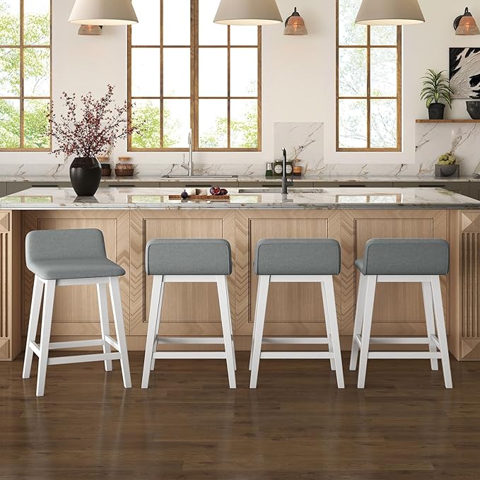 COSTWAY Wooden Counter Stools Set of 2, 24-inch Height Upholstered Padded Seat, Low Backrest, Footrest, Rubber Wood Legs, Armless Barstools for Kitchen Island, Dining Room, White+Gray