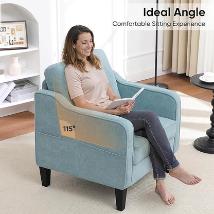 Accent Chairs Set of 2, Upholstered Living Room Chairs with Side Pockets, Mid Century Modern Reading Chair for Bedroom, Comfy Armchair Single Sofa Side Chair for Office, Small Room, Teal Green