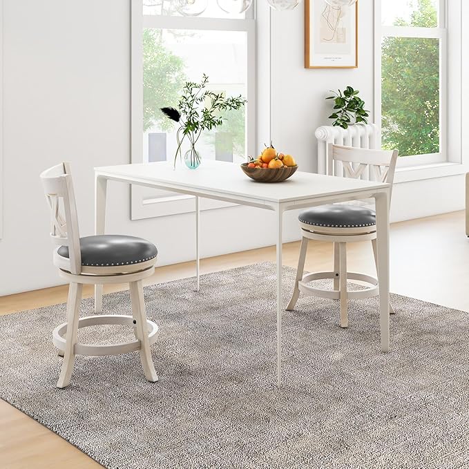 COSTWAY Bar Stool Set of 2 for Kitchen Island, 25.5” Swivel Armless Counter Height Stools with 20'' Wider Padded Seat, Ergonomic Curved Backrest, Rubber Wood Frame (2, Antique White + Gray)