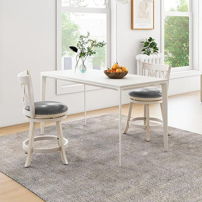 COSTWAY Bar Stool Set of 2 for Kitchen Island, 25.5” Swivel Armless Counter Height Stools with 20'' Wider Padded Seat, Ergonomic Curved Backrest, Rubber Wood Frame (2, Antique White + Gray)