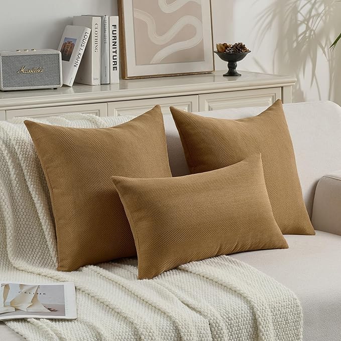 FUTEI Camel Chenille Throw Pillow Covers 20x20 Inch Set of 2,Soft Wide Chevron Textured Cushion Case,Farmhouse Home Decor for Couch Bed Living Room
