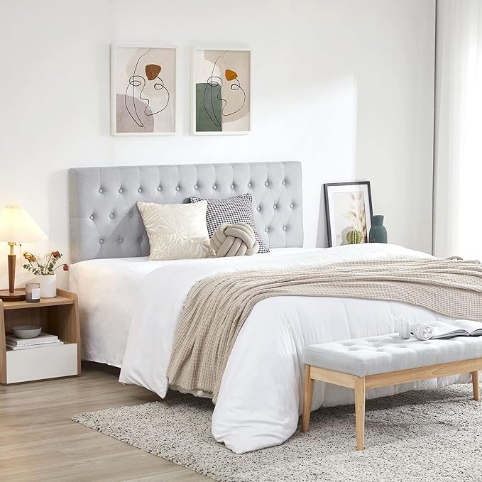 Kingfun Headboards for King Size Bed in Modern Button Design, Premium Linen Fabric Upholstered Tufted Bed Headboard, Adjustable Solid Wood Head Board, Grey