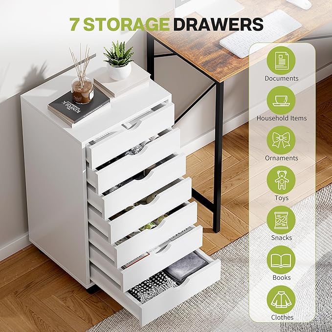 7 Drawer Chest, Storage Cabinet Dressers with Wheels, Dressers Storage Cabinets, Dresser Mobile Cabinet with Wheels, Room Organizer, Small Drawers Wood Organization Furniture for Office, Home, White