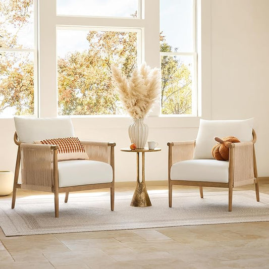 CHITA Braid Accent Chair Set of 2, Modern Armchair with Solid Wooden Armrest for Living Room and Bedroom, Boho Reading Chair, Cream