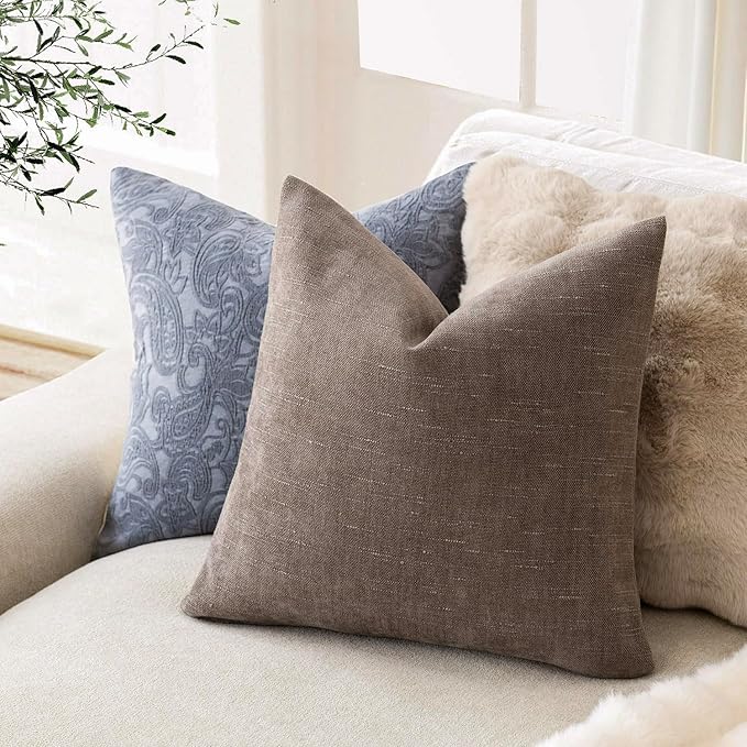 Foindtower Pack of 2 Soft Textured Chenille Throw Decorative Pillow Covers Square Accent Solid Cushion Cover Cozy Farmhouse Pillow Case with Zipper for Couch Sofa Bedroom Living Room 26x26 Inch, Taupe