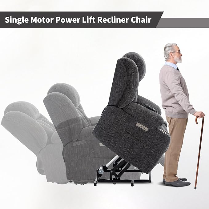 Electric Power Lift Chair, Chenille Recliner Massage Chair Living Room Furniture with 8-Point Vibration Massage and Lumbar Heating, USB and Type-C Ports, Cup Holders - Grey