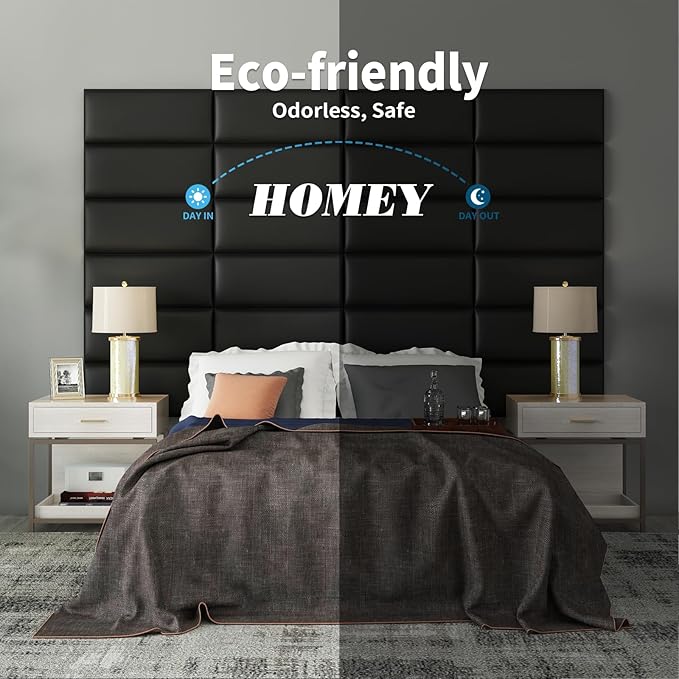 Art3d Peel and Stick Headboard for Twin in Black, Pack of 6 Panels Sized 9.84" x 23.62", Soundproof Wall Panels 3D, Upholstered Wall Panel