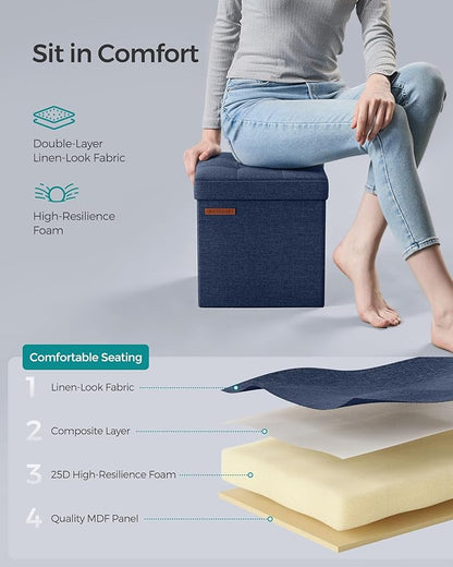SONGMICS Storage Ottoman, Foldable Small Ottoman Foot Rest, 11.8 Inches Foot Stool, Cube Ottoman with Storage, Load up to 286 lb, for Living Room, Bedroom, Dorm, Midnight Blue ULSF028Q02