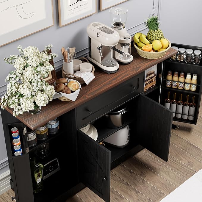 55.1" Buffet Cabinet with Storage, Charging Station, Modern Kitchen Buffet Sideboard with Drawer, Black Wood Coffee Bar with Adjustable Shelves & Spice Rack, Kitchen Storage Cabinet for Living Room