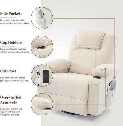 Oversized Swivel Rocker Recliner Sofa Chair with Heat and Massage, Large Big Recliner for Living Room,360 Degree Swivel Rocking Single Sofa with Cup Holders and USB Port(Fabric, Light Beige)