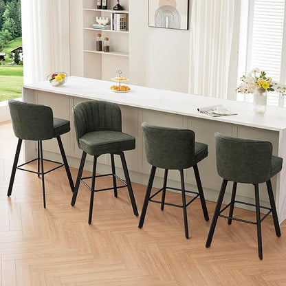 Swivel Counter Height Bar Stools Set of 4, 30'' Modern Barstools with Backs and Metal Legs, Upholstered Bar Chairs, Faux Leather Green Stools for Kitchen Island Chairs