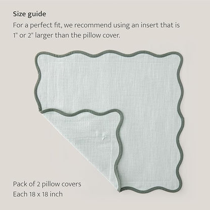 Double Stitch Scalloped Throw Pillow Covers - 100% Cotton Set of 2 Decorative Boho Pillow Covers 18 x 18, Made in India, Square Cushion Case, Modern Home Decor for Couch Sofa Living Room, Aqua Mint