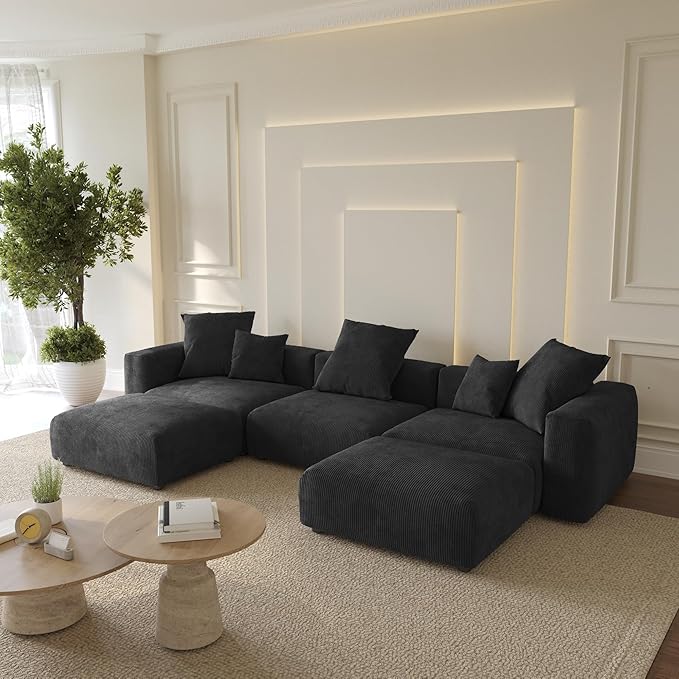WJShome Cloud Couch Modular Sectional Sofa,141.73" U Shaped Sofa with 2 Ottomans,Black Corduroy Couch 5 Seater,Convertible Sectional Sofa for Living Room,Cushion Covers Removable& Washable