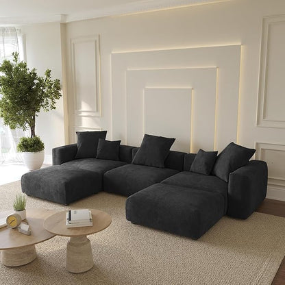 WJShome Cloud Couch Modular Sectional Sofa,141.73" U Shaped Sofa with 2 Ottomans,Black Corduroy Couch 5 Seater,Convertible Sectional Sofa for Living Room,Cushion Covers Removable& Washable