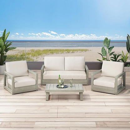 Christopher Knight Home Olaf 4 Pieces Outdoor Conversation Set, Acacia Wood Chat Set, Rectangular Coffee Table and Patio Loveseat with 2 Club Chairs, Patio Furniture Set with Cushion, Beige+Light Grey
