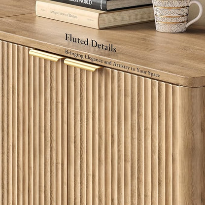 Evermagin 126" Oak Buffet Cabinet with Storage, Large Sideboard Cabinet, Boho Accent Credenza, Fluted Console Table with Doors for Dining Room, Kitchen, and Living Room