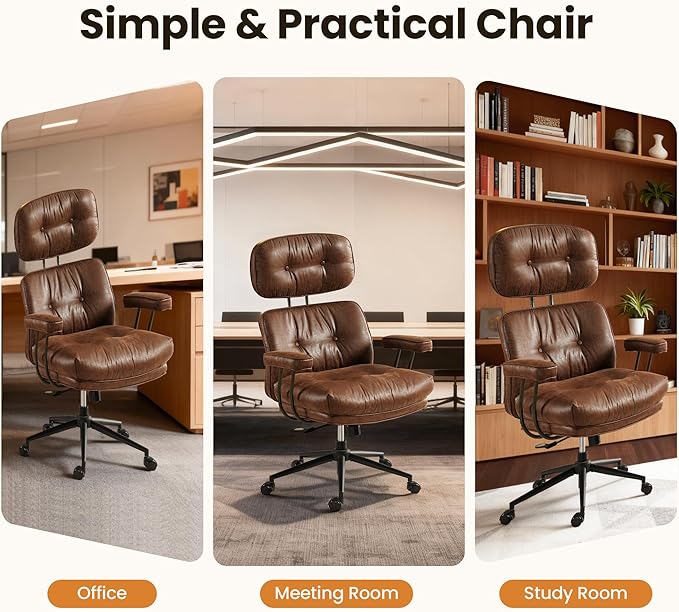 Mid-Century Modern Office Chair, Home Office Desk Chair with Adjustable Lumbar Support, Thickened Cushion Executive Desk Chair with 360 Rolling Swivel for Meeting Game Study Room(Dark Brown)