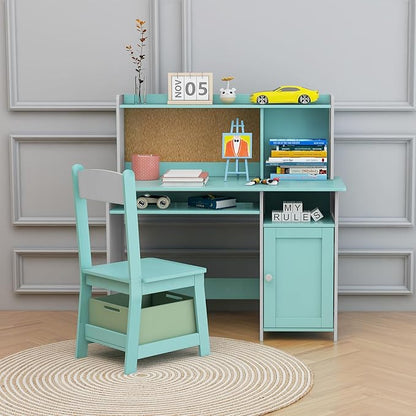TaoHFE Blue Kids Desk Chair,Kids Desk with Storage and Shelf,Wooden Kid Desks and Chair Set for Bedroom and Study,Kid Study Desks for Boys, Girls Table and Chair Set