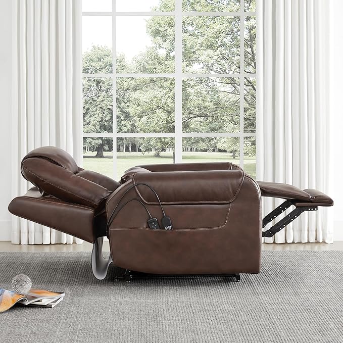 CHITA Electric Power Lift Recliner Chair for Elderly with Massage and Heat, Large Lay Flat Genuine Leather Recliner Chair with Cup Holders, USB Ports, Power Headrest, Independent Backrest, Dark Brown