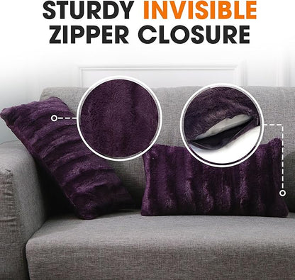 Cheer Collection Faux Fur Throw Pillows - Decorative Pillows for Couch, Bed Throw Pillows, Purple Accent Pillows for Bedroom or Living Room Aesthetic, Set of 2 Furry Throw Pillows, 12" x 20"