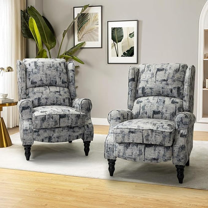 HULALA HOME Upholstered Wingback Recliner Chair Set of 2, Small Adjustable Footrest Push Back Single Reclining Sofa, Mid Century Modern Lounge Armchair for Living Room, Bedroom, Reading/Grey