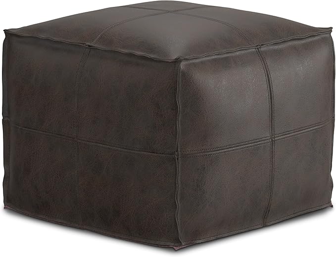 SIMPLIHOME Sheffield Boho Square Pouf in Distressed Dark Brown Leather for the Living Room, Bedroom and Kids Room