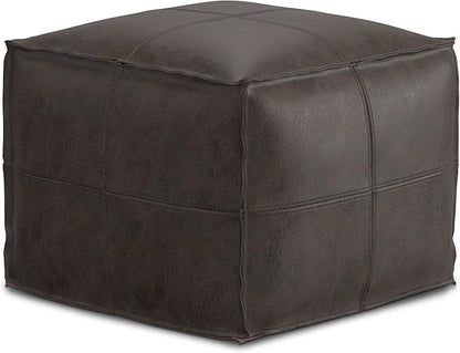 SIMPLIHOME Sheffield Boho Square Pouf in Distressed Dark Brown Leather for the Living Room, Bedroom and Kids Room