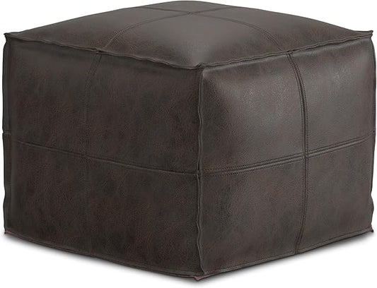 SIMPLIHOME Sheffield Boho Square Pouf in Distressed Dark Brown Leather for the Living Room, Bedroom and Kids Room