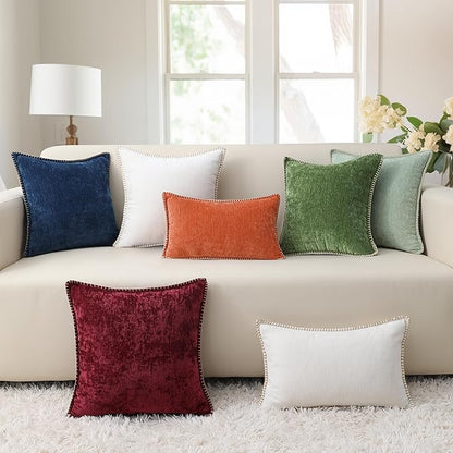 decorUhome Fall Chenille Soft Throw Pillow Covers 12x20 Set of 2, Lumbar Velvet Farmhouse Neutral Decorative Euro Pillow Covers with Stitched Edge for Couch Sofa Bed Home Decor, Rust