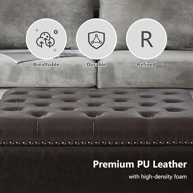 Square Storage Ottoman Bench Ottoman Coffee Table Bench Oversized Coffee Table Ottoman Bench with Storage for Living Room, Brown