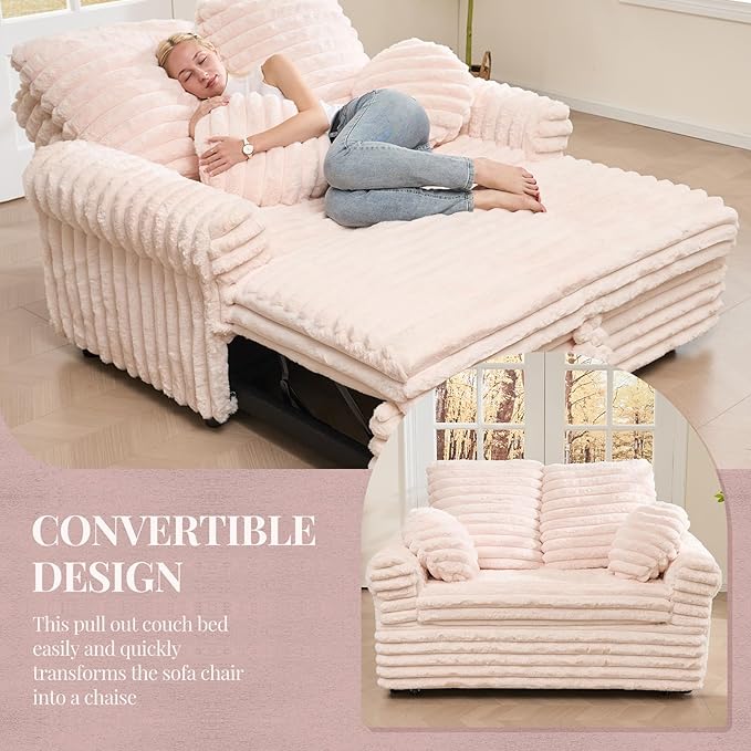 Belffin Upholstered Chaise Lounge Pull Out Sofa Bed with Pillows Couch Bed Sofa Pull Out Couch Sleeper Chair with Rolled Armrests for Living Room Plush Corduroy (Pink)