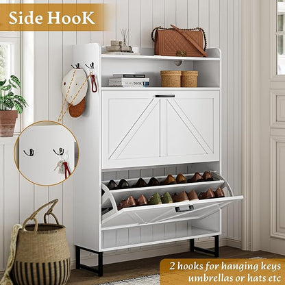 Shoe Storage Cabinet with 2 Flip Drawers, Narrow Wood Shoe Cabinet Storage for Entryway with Metal Legs & Hooks, Adjustable Shelves, Freestanding Shoe Rack Organizer for Foyer, Hallway, White
