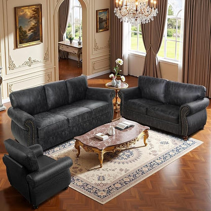 Living Room Furniture Sets,Sofa Sets and Couch Sets for Living Room,Mid-Century Vintage Sofa Couches with Rivet Design (Grey, Single+Loveseat+3 Seater)