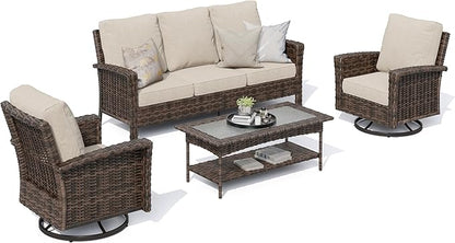 HERA'S HOUSE High Back Patio Furniture Set with Swivel Chairs, Outdoor Wicker Conversation Sets with 5.5" Comfy Cushions, 4 Piece Outside Sofa Sets, Beige