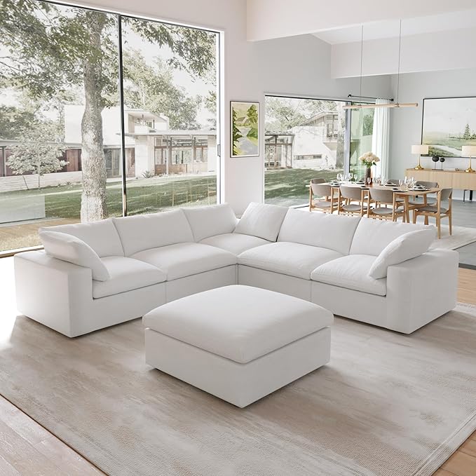 Cloud Modular Sectional Sofa for Livingroom,Large Down Filled Comfort Corner Sectional Sofa Couch with Ottoman,Wide Deep Seat Convertible Couches for Office Apartment,V Shaped,White