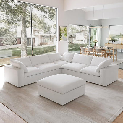 Cloud Modular Sectional Sofa for Livingroom,Large Down Filled Comfort Corner Sectional Sofa Couch with Ottoman,Wide Deep Seat Convertible Couches for Office Apartment,V Shaped,White