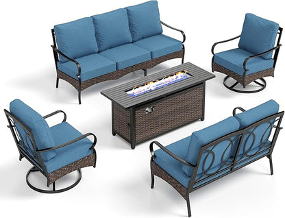 PHI VILLA Patio Furniture Set with 56" Fire Pit Table, Premium Outdoor Wicker Metal Frame Furniture with Upgraded Waterproof Thick Cushions for Porch, Poolside, Deck, and Yard