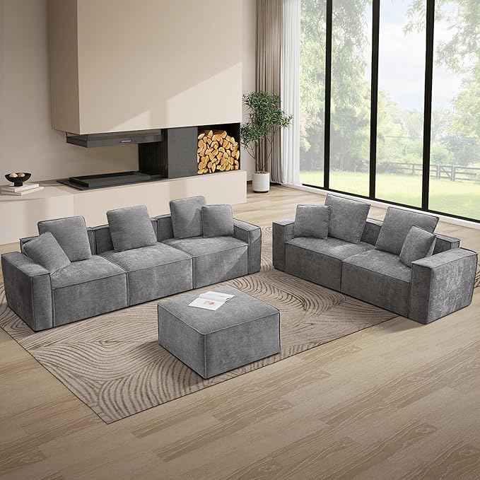 WILLOVE Modular Sectional Sofa Set, Chenille Cloud Couch with Wide Armrests & 8 Pillows, Deep Seat Couches for Living Room, 6-Seater Grey